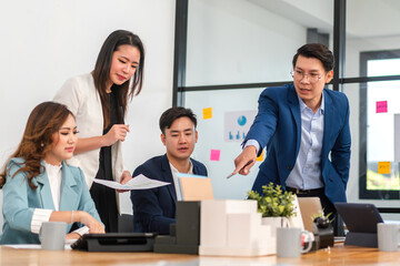 Business asian team professional collaborative meeting at office, teamwork, innovation and strategy, charts, brainstorming session, ideal corporate, business planning, successful startup at workplace