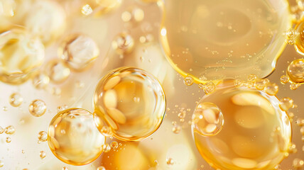 macro shot of golden oil skincare collagen bubbles, creating a luxurious and abstract pattern with a sense of fluid motion and organic beauty.
