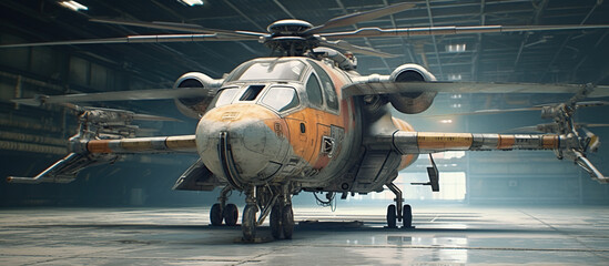 old scratched metal spaceship standing on an industrial lift in a sci-fi hangar. - obrazy, fototapety, plakaty