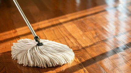 A mop head sweeping across a wooden floor, cleaning service and housework concept. - 785022165