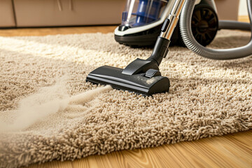 A vacuum cleaner is cleaning a carpeted floor, housework and cleaning service. - 785022192