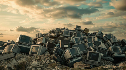 Old electronics, gadgets waste hill. Recyclable problem banner. - obrazy, fototapety, plakaty