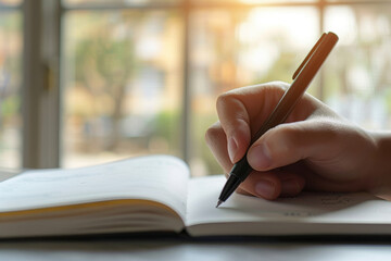 A person is writing in a notebook with a pen, journal and diary concept.