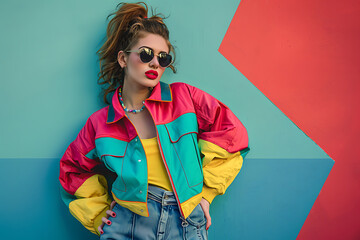 beauty 90s style clothing young woman wearing jacket on colorful wall background on the street