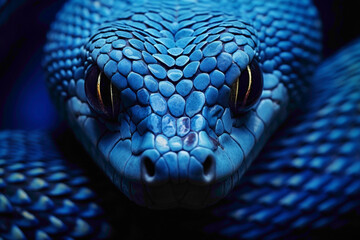 An up-close image of a vibrant blue snake, its patterned scales creating a captivating visual symphony - obrazy, fototapety, plakaty