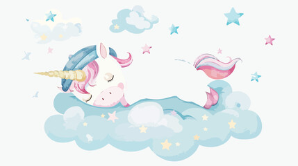 Cute unicorn napping in hat on sky cloud. Hand drawn