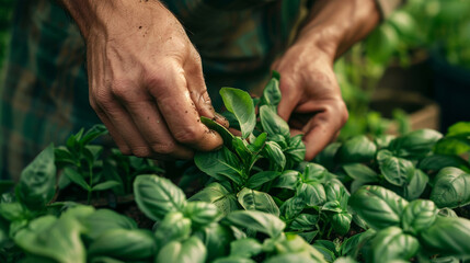 Naklejka na ściany i meble Farmer hands delicately snipping fresh basil leaves from herb gardenm, harvesting herb.