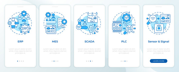 Factory organization systems blue onboarding mobile app screen. Walkthrough 5 steps editable graphic instructions with linear concepts. UI, UX, GUI template. Montserrat SemiBold, Regular fonts used - obrazy, fototapety, plakaty