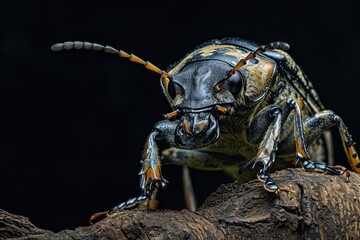 Mystic portrait of Wood-Boring Beetle on root in studio, The insect's back is visible, Headshot, Close-up View, 