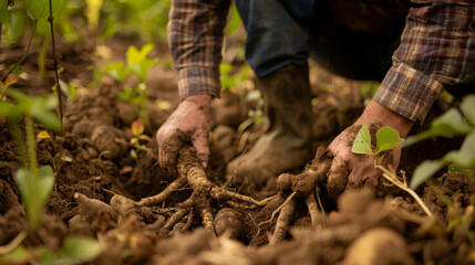 Farmer hands digging up potatoes in the dirt, harvesting crop. - 785022721