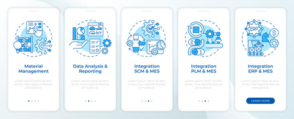 MES integration blue onboarding mobile app screen. Walkthrough 5 steps editable graphic instructions with linear concepts. UI, UX, GUI template. Montserrat SemiBold, Regular fonts used - obrazy, fototapety, plakaty