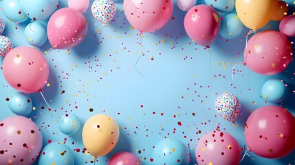 Festive Birthday Celebration Frame with Balloons and Confetti with pastel blue background