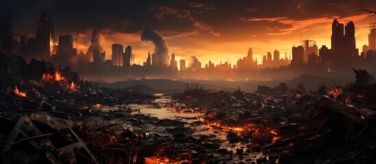 Fototapeta premium Dangerous disaster disaster with burning cityscape in the background