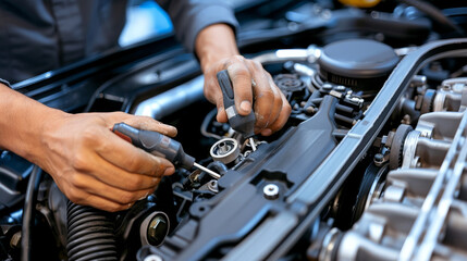 Mechanic or technician checking and working on a car engine - 785022918