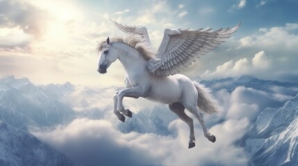 Mystical Pegasus in Mountains - obrazy, fototapety, plakaty