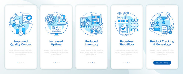 Industrial controls blue onboarding mobile app screen. Walkthrough 5 steps editable graphic instructions with linear concepts. UI, UX, GUI template. Montserrat SemiBold, Regular fonts used