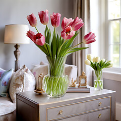 Exquisite tulips grace a stunning vase atop the chest of drawers, adding elegance to the living room