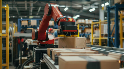 An automation robotic arm is working in a warehouse, picking up a box, robot tech in manufacture and distribution industry. - 785022988