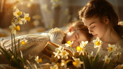 Mother reading a book to her daughter while they lay on a bed decorated with flowers - 785022991