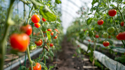 red organic tomatoes factory glisten with water droplets environment of a sun-filled greenhouse.