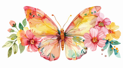 Butterfly flowers watercolor pink yellow white background
