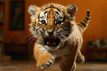 An orange tiger cub wearing a sporty jersey, chasing its tail on an orange background. - obrazy, fototapety, plakaty