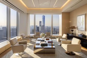 A large open lobby room with large window, modern minimal lounge interior design. - 785023129
