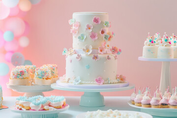 A table with a white cake and other desserts, including cupcakes and cookies, birthday party concept. - 785023198