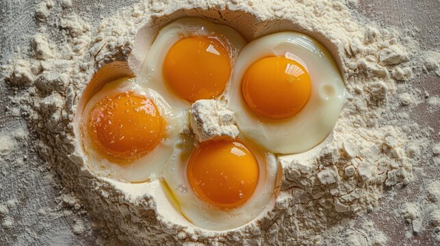 Eggs on flour.