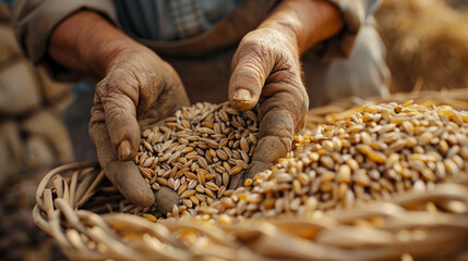Farmer hands scooping barley form a basket, harvesting grain concept. - 785023335