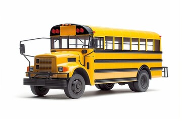 Bright yellow school bus with black trim, isolated on a clean white background, showcasing transportation for education.