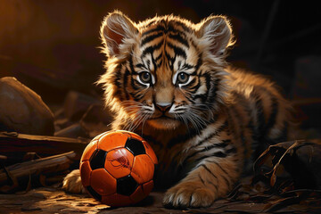 An orange tiger cub in a sporty jersey, playing with a ball against a fiery orange sunset. - obrazy, fototapety, plakaty