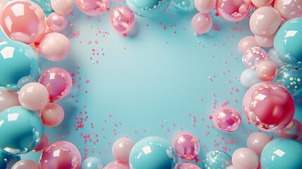 Festive Birthday Celebration Frame with Balloons and Confetti with pastel blue background