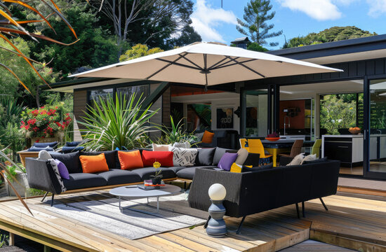 An outdoor seating area with black sofas, white chairs and colorful cushions under an umbrella on the wooden deck of a house