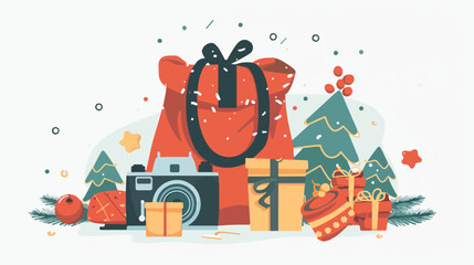 Camera and sack for christmas party Flat vector isola - obrazy, fototapety, plakaty