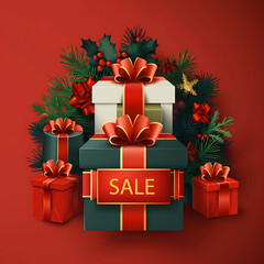vector christmas illustration with fir tree and gifts, sale concept