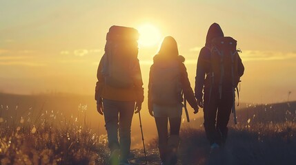 Group of friends walking with backpacks in sunset from back. - obrazy, fototapety, plakaty