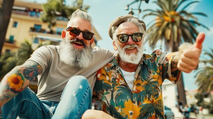 A happy hipster with colorful tattoos skateboarding alongside a cool grandfather with a white beard and sunglasses, both giving a thumbs up - obrazy, fototapety, plakaty