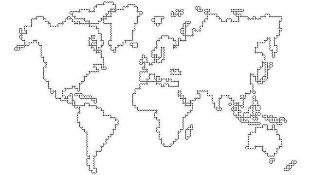 Animated black world map from point pattern. Linear symbol is gradually drawn. Concept of travel, global, Vector illustration isolated on white background.