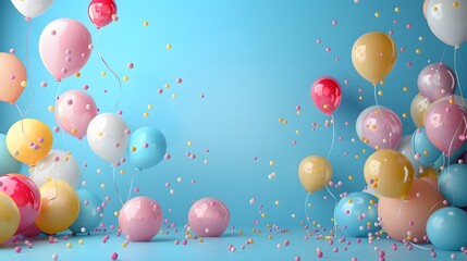 Festive Birthday Celebration Frame with Balloons and Confetti with pastel blue background