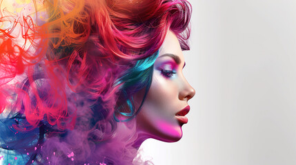 Fototapeta premium Model with colorful hair, Concept hair salon with colorful smoke, Hairstylist, Advertising