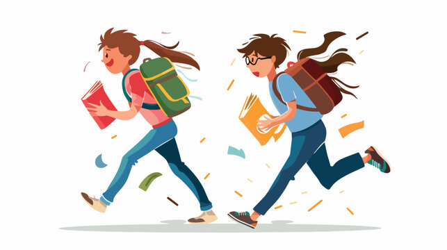 Scared school students running from books math physical