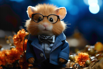An irresistibly cute hamster adorned in stylish accessories, enjoying a bold blue background, creating a delightful and high-quality composition. - obrazy, fototapety, plakaty