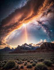 Fototapeta na wymiar Captivating desert landscape under a dramatic sky. Rugged landscape with rock formations and mountiains under a starry sky with stormy clouds and galaxies.