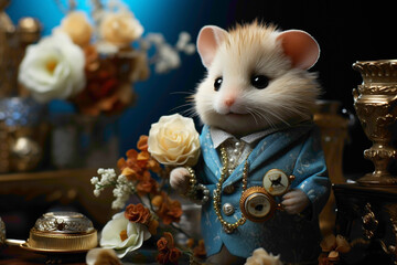 An irresistibly cute hamster adorned in stylish accessories, enjoying a bold blue background, creating a delightful and high-quality composition. - obrazy, fototapety, plakaty