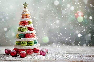 christmas tree made from macaroon, sweet dessert festive bakery, cooking greeting card