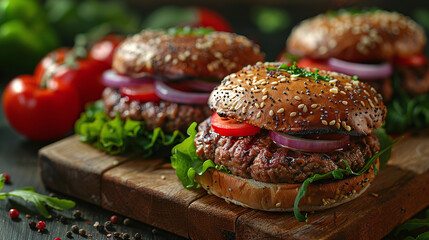 Natural Vegan Temptation: Appetizing Product Photography of Vegan Burgers with Plant-Based Wheat Patty on a Wooden Board Background