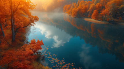 Yellow fall trees and blue clouds reflected in river water in summer dawn. Magnificent autumn landscape. Wallpaper.