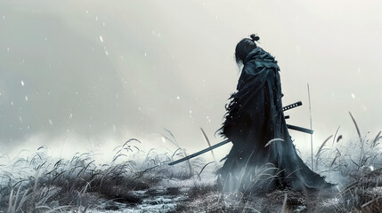 A Solitary Ronin's Haunting Struggle for Purpose Amidst the Desolate,Windswept Landscape - obrazy, fototapety, plakaty