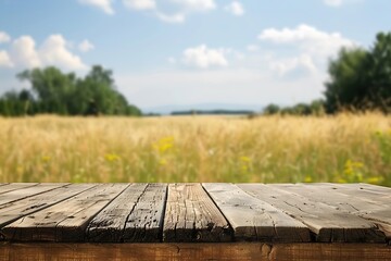 Empty wooden table in front of field background, natural mock up for design